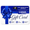 A $100 gift card from Food Vacuum Sealers Australia, featuring a blue ribbon and bow graphic on a white background with blue accents.