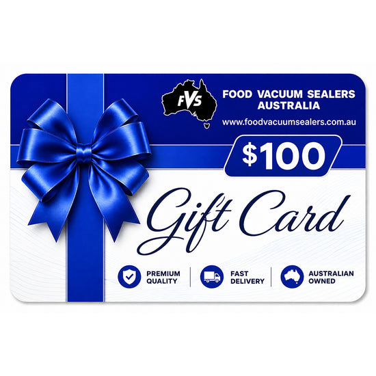 A $100 gift card from Food Vacuum Sealers Australia, featuring a blue ribbon and bow graphic on a white background with blue accents.