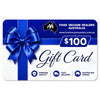 A $100 gift card from Food Vacuum Sealers Australia, featuring a blue ribbon and bow graphic on a white background with blue accents.