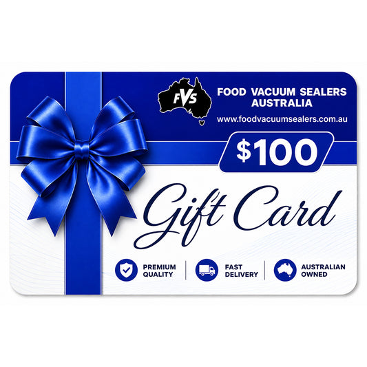 A $100 gift card from Food Vacuum Sealers Australia, featuring a blue ribbon and bow graphic on a white background with blue accents.