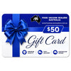 A $50 gift card from Food Vacuum Sealers Australia, featuring a blue ribbon and bow graphic on a white background with blue accents.