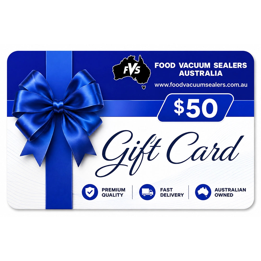A $50 gift card from Food Vacuum Sealers Australia, featuring a blue ribbon and bow graphic on a white background with blue accents.