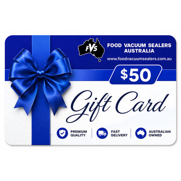 A $50 gift card from Food Vacuum Sealers Australia, featuring a blue ribbon and bow graphic on a white background with blue accents.