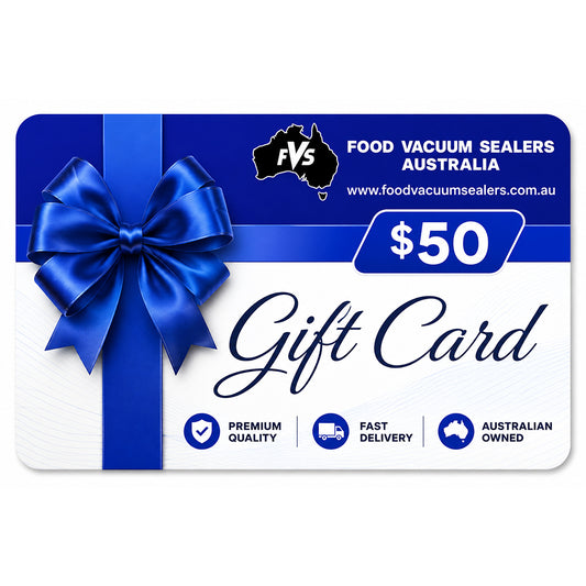 A $50 gift card from Food Vacuum Sealers Australia, featuring a blue ribbon and bow graphic on a white background with blue accents.