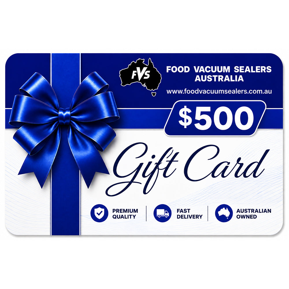 A $500 gift card for Food Vacuum Sealers Australia, featuring a blue ribbon bow on a white and blue background with the company logo and contact details.