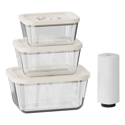 Set of 3 glass vacuum canisters with battery vacuum pump