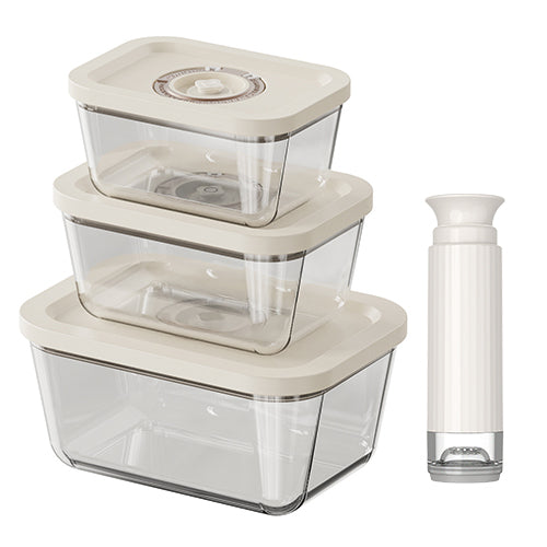 Set of 3 glass vacuum canisters with manual hand vacuum pump