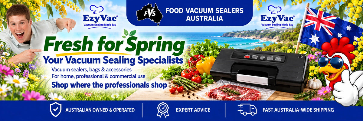 A wide promotional banner for EzyVac food vacuum sealers, featuring a man pointing toward the text, a black vacuum machine, fresh produce, flowers, an Australian flag, and multiple marketing claims across a blue and white layout.