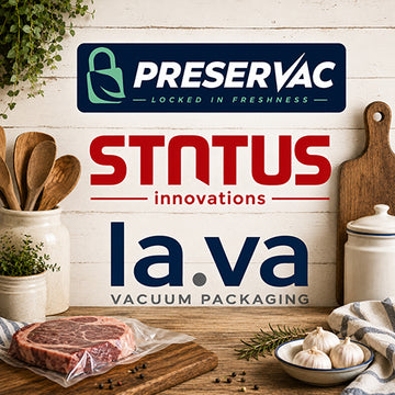 Three vacuum packaging logos are displayed against a rustic kitchen backdrop: Presvac at the top, Status Innovations in the middle, and la.va Vacuum Packaging at the bottom.