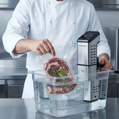 Person using a Preservide hydromix gastropro commercial sous vide cooker to cook meat in a kitchen setting