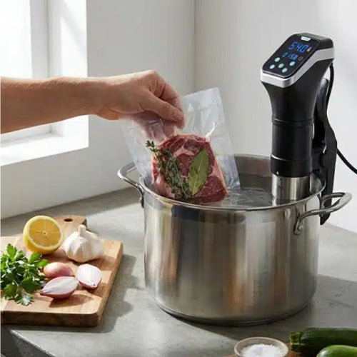 Hand placing a vacuum-sealed package of meat into a pot with a Preservide sous vide smartpro cooker
