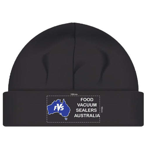 Black beanie with Food Vacuum Sealers Australia logo on a white background