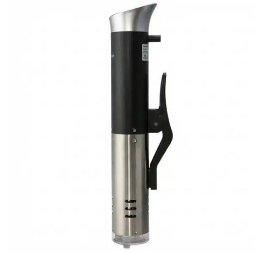 Black and silver sous vide cooker showing mounting clip