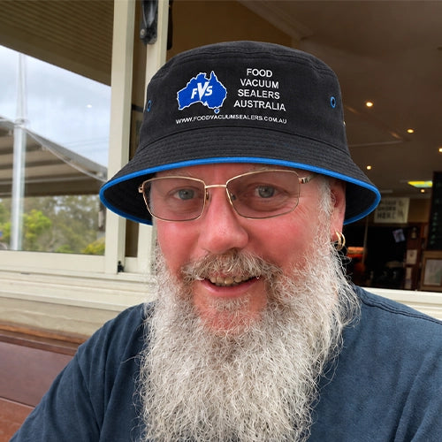black bucket hat with a blue brim. The hat features a blue and white logo for 'Food Vacuum Sealers Australia' on the front.