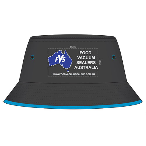 Black bucket hat with blue rim featuring Food Vacuum Sealers Australia logo on a white background