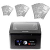 A black PRESERVAC vacuum sealer machine shown on a white background, with chamber vacuum sealer bag packs displayed above it.