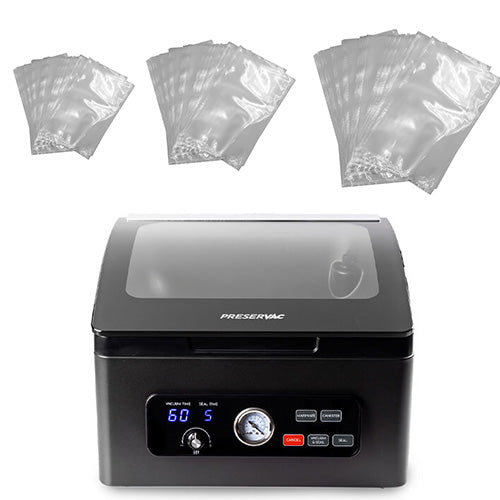 A black PRESERVAC vacuum sealer machine shown on a white background, with chamber vacuum sealer bag packs displayed above it.