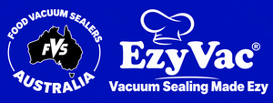 Blue and white logo banner for FVS Food Vacuum Sealers Australia and EzyVac Vacuum Sealing Made Ezy, featuring a black Australia map outline with FVS inside and a white chef hat above the EzyVac name.