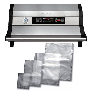 Stainless steel vacuum sealer with clear vacuum bags on a white background. Commercial Starter Pack Preservac VacBloke And Bags 